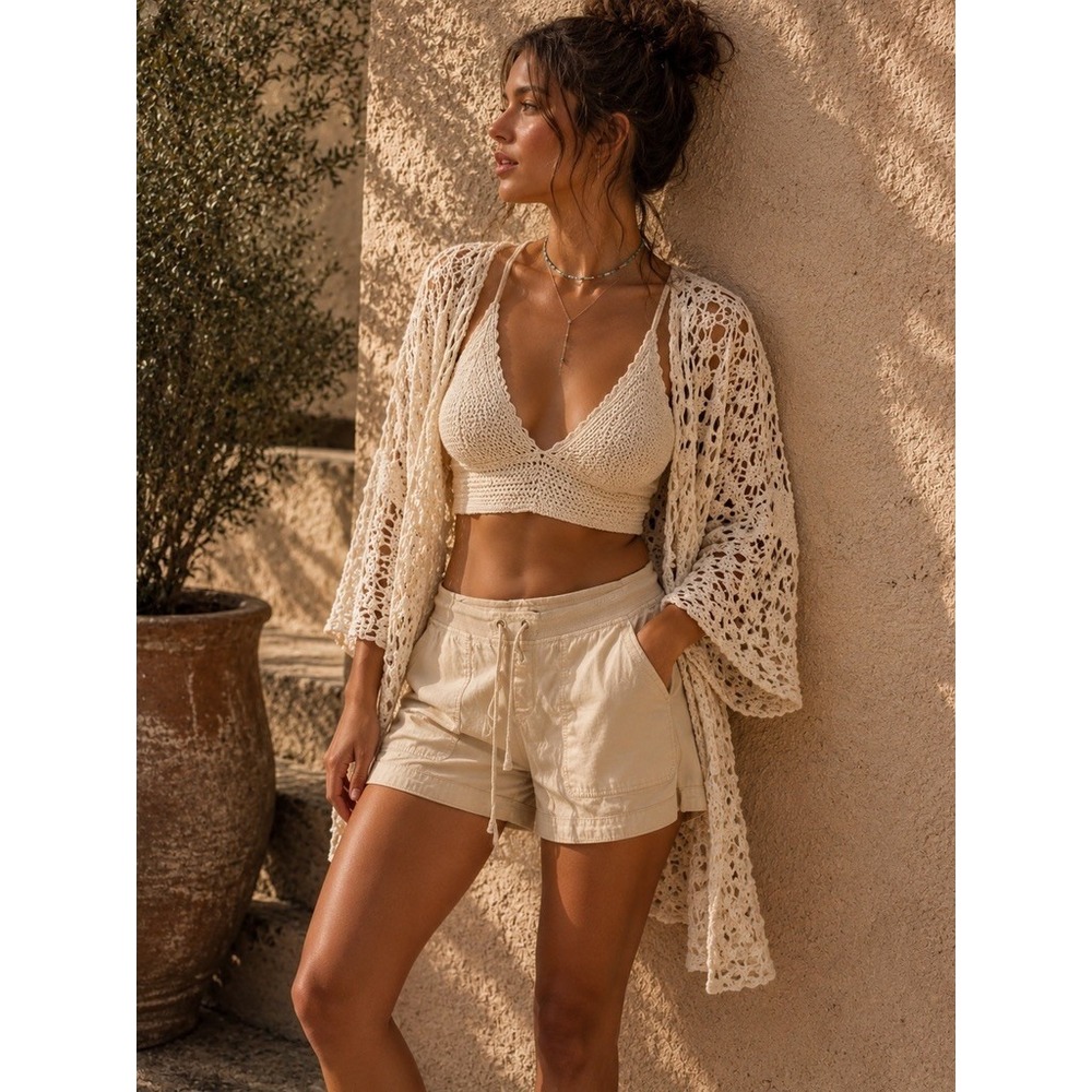 XCVI Womens Khaki Beige Cargo Shorts Elastic Drawstring‎ Waist Size M 22420T